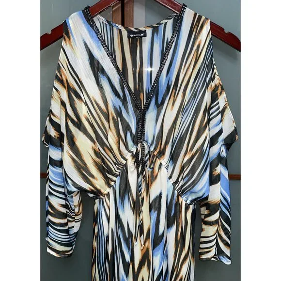 Allen B. by Allen Schwartz Dresses | Allen B by Allen Schwartz Y2k Jeweled Neckline Boho Chiffon Kaftan Maxi Dress 10 | Color: Blue/Yellow | Size: 10